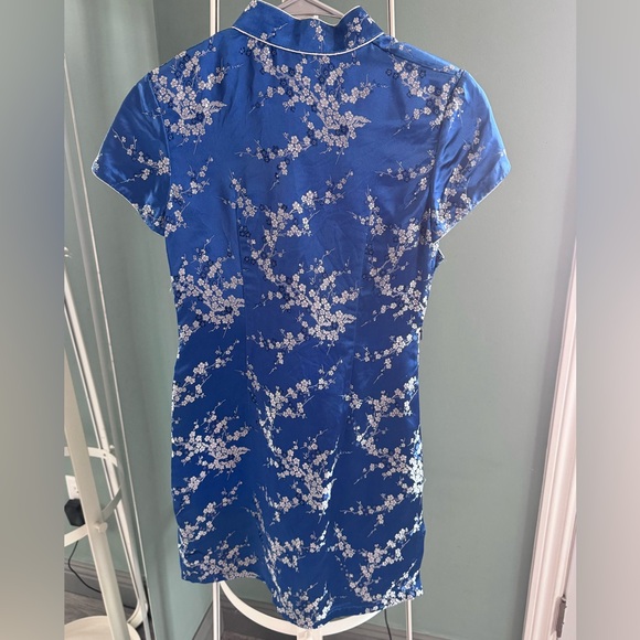 Blue Floral Cheongsam Dress Y2K Satin Chinese Qipao Mini Dress Size S - Picture 4 of 9